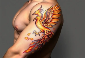 magnificent phoenix rising from golden flames with trailing embers tattoo idea