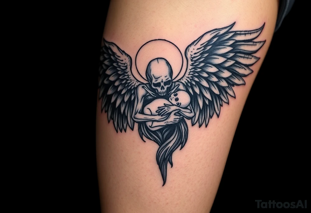 An angel of death with massive black wings, cradling a newborn soul, with a pale white body glowing against a pitch-black background. tattoo idea