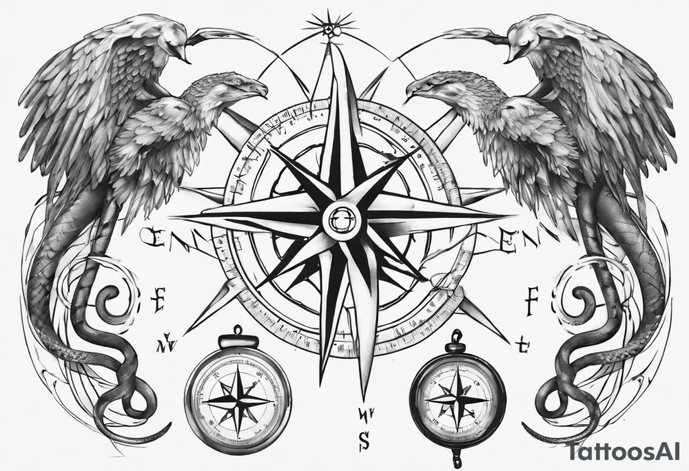Compass tatoo with Gemini angels and snake tattoo idea