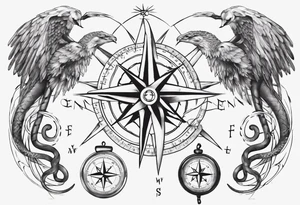 Compass tatoo with Gemini angels and snake tattoo idea