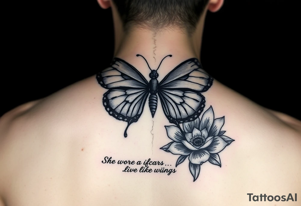 butterfly with cracked wings and lotus flower with quote that says “she wore her scars like wings” all down spine but very elegant towards lower back and small tattoo idea