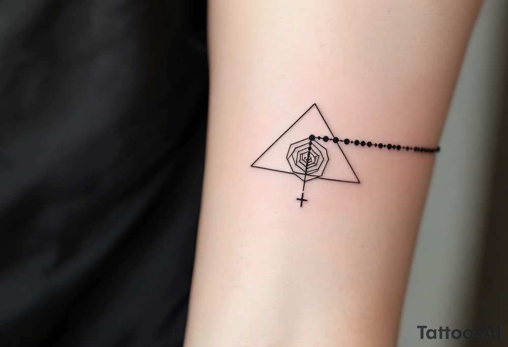 Minimalist geometric rosary tattoo: precise black‑ink circles (beads) decreasing subtly in size, linked by perfectly straight, fine lines to form clean angles rather than curves; the strand drapes in a crisp isosceles‑triangle silhouette across the forearm. Where the pendant would hang, a small concentric‑line cross sits inside a outlined golden‑ratio spiral, all rendered in thin charcoal‑black lines with a single muted‑copper accent on the cross for contrast—overall a sleek, math‑inspired aesthetic with no shading, just pure linework. tattoo idea