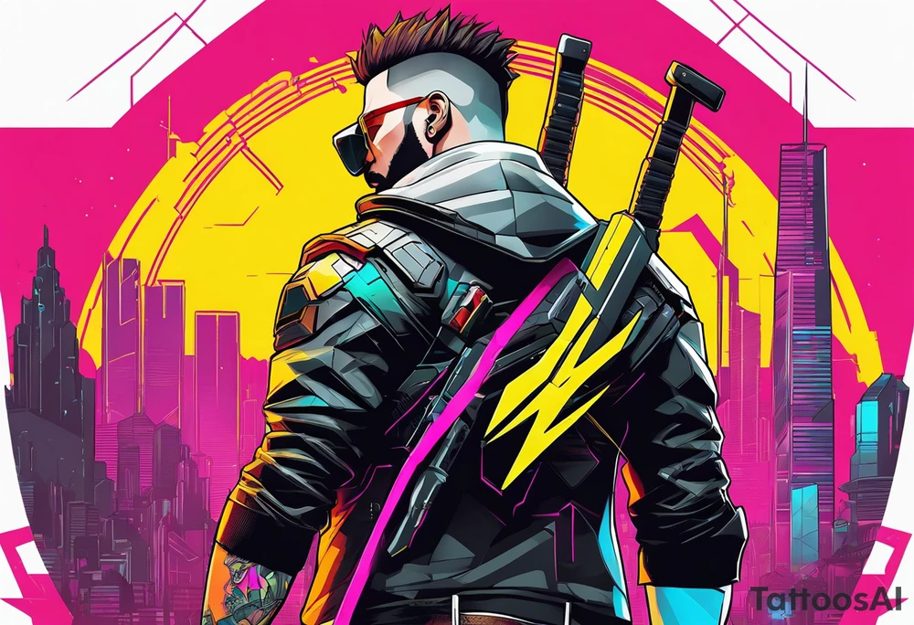 cyberpunk 2077, chest tattoo, geometric, subtle, men, city skyline, 4k tattoo idea