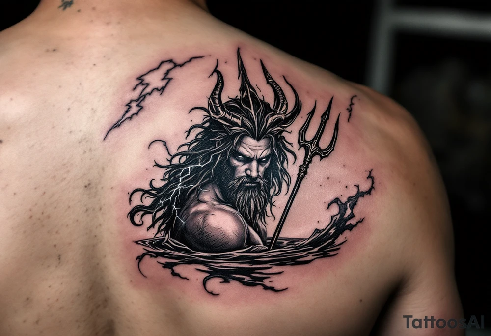 fit poseidon, behind a trident, with lightning, in calm water tattoo idea