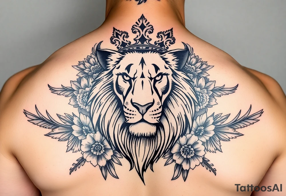 powerful majestic lion with a crown, surrounded by floral ornaments and birds tattoo idea