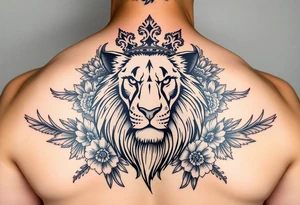 powerful majestic lion with a crown, surrounded by floral ornaments and birds tattoo idea