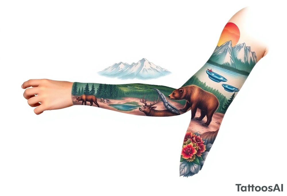 A full-sleeve with the Härjedalen landscape, reindeer, bear, lakes, mountains (Helags), tattoo idea