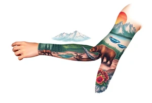 A full-sleeve with the Härjedalen landscape, reindeer, bear, lakes, mountains (Helags), tattoo idea