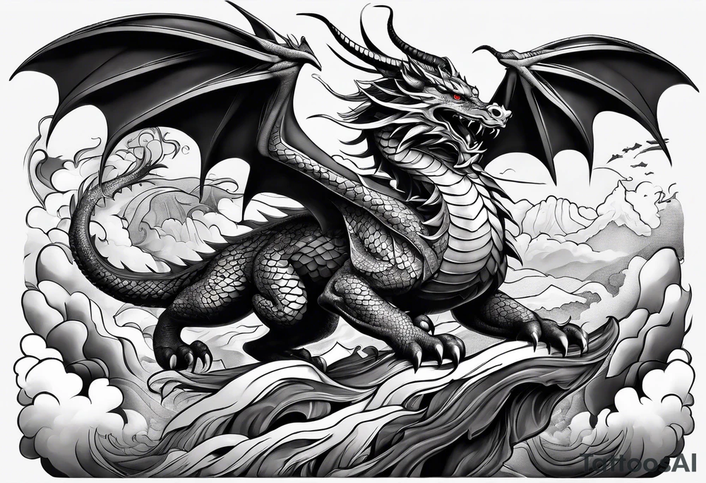 beautiful warrior nymph riding a dragon and the background will be mountains, clouds, and a Japanese building tattoo idea