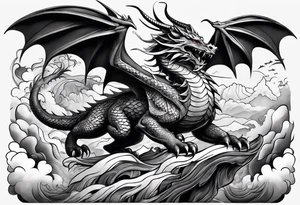beautiful warrior nymph riding a dragon and the background will be mountains, clouds, and a Japanese building tattoo idea