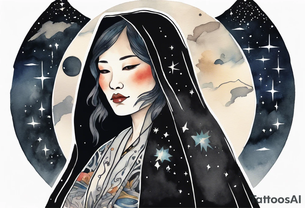 a beautiful 50-year-old Dakota woman wearing black cloak with the night sky in the background tattoo idea