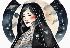 a beautiful 50-year-old Dakota woman wearing black cloak with the night sky in the background tattoo idea