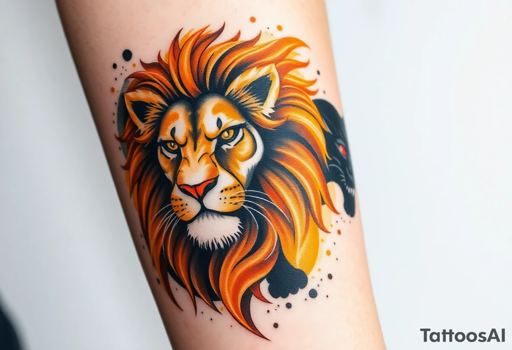 A golden lion, with a regal mane and glowing eyes, surrounded by light and strength, contrasted by a shadowy panther, prowling with glowing red eyes in deep blackness, representing protection and lurking danger. tattoo idea