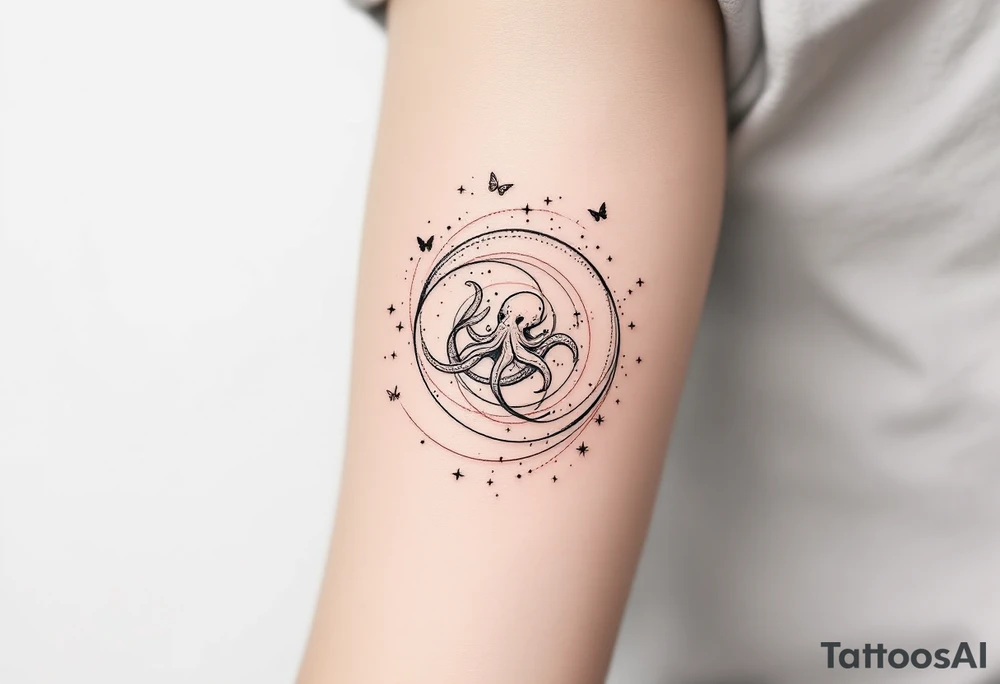 A minimalist dotwork tattoo design in the shape of a spiral galaxy. In the center, a small octopus is subtly integrated into the swirl, with flowing tentacles that extend along the spiral arms. The tentacles transform into elegant, curving lines resembling the flowing tails of koi or betta fish, partially in black ink and partially in fine red lines. Small stars are scattered throughout the galaxy shape, and two delicate butterflies hover near the edges. cosmic abstraction style, dotwork, fine line, with elements of Japanese graphic tattoo flow, minimalist octopus tattoo idea