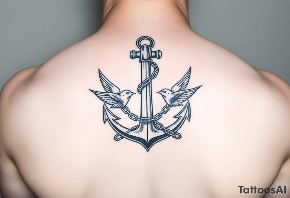 Anchor with crossed cannons and chain interwoven. with two swallows. Symetrical, clean. tattoo idea