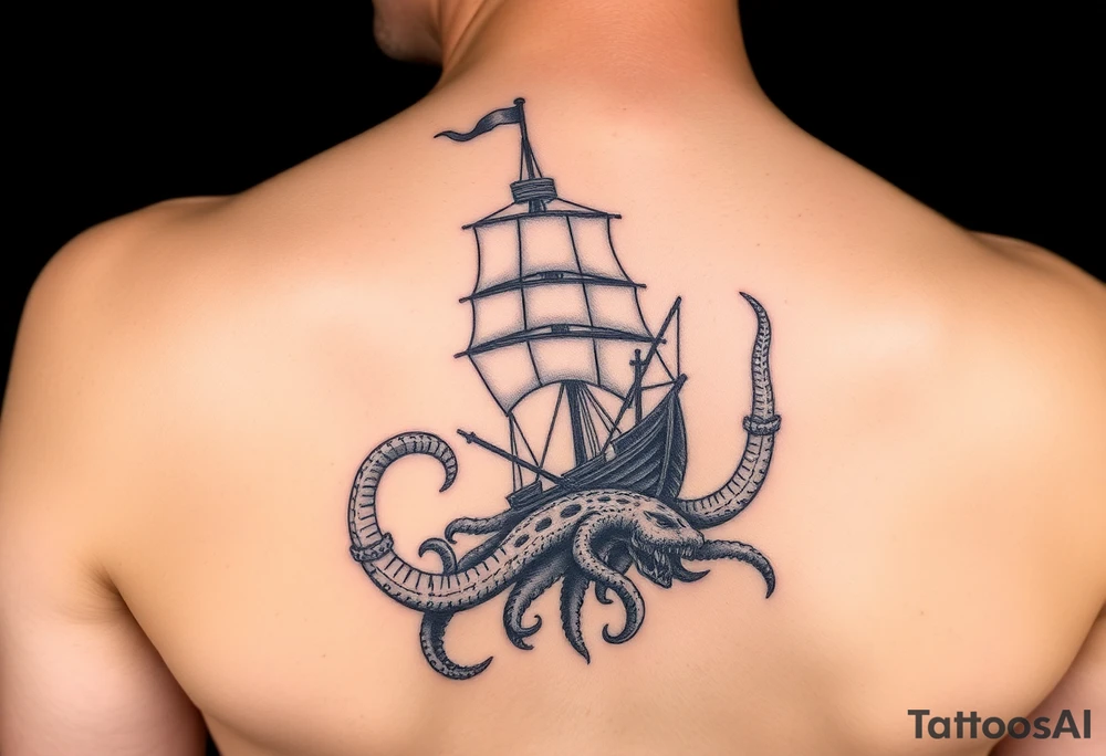 Vertical female side and hip tattoo pirate ship getting sunk by the kraken tattoo idea