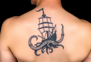 Vertical female side and hip tattoo pirate ship getting sunk by the kraken tattoo idea