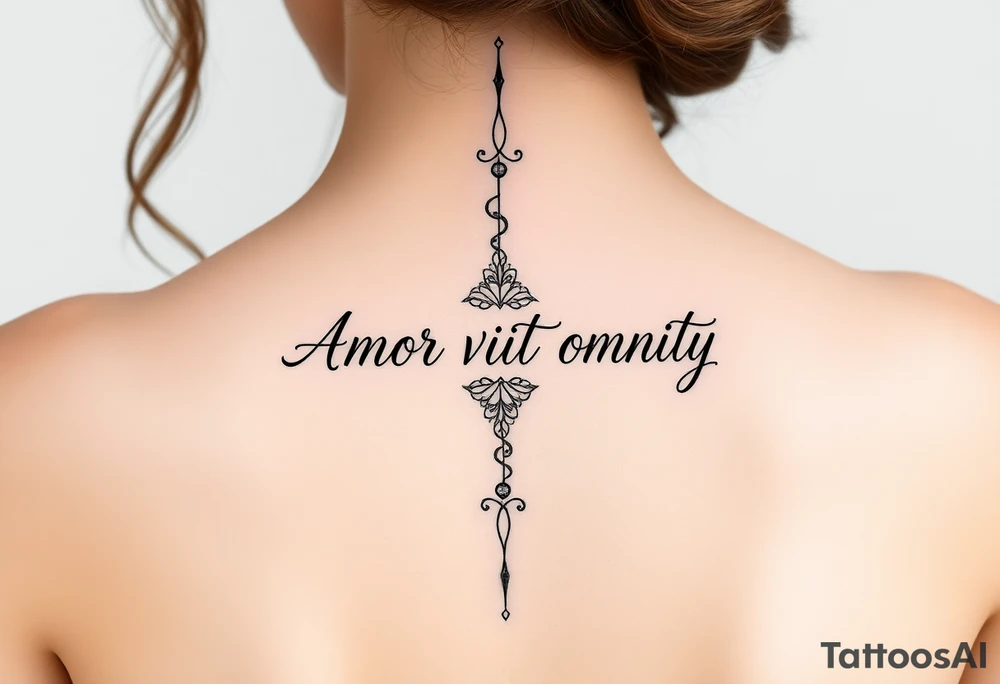 Amor vincit omnia vertically down the middle of the spine in script tattoo idea