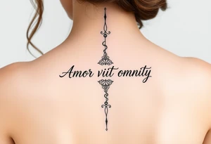 Amor vincit omnia vertically down the middle of the spine in script tattoo idea