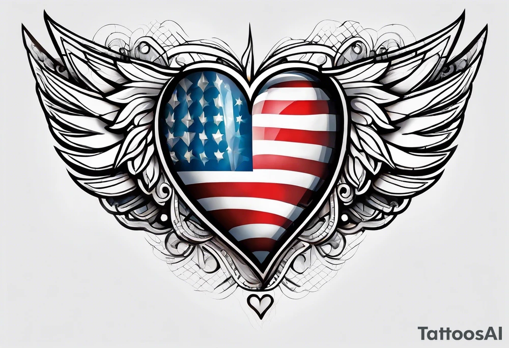 Flag inside of a heart with wings tattoo idea