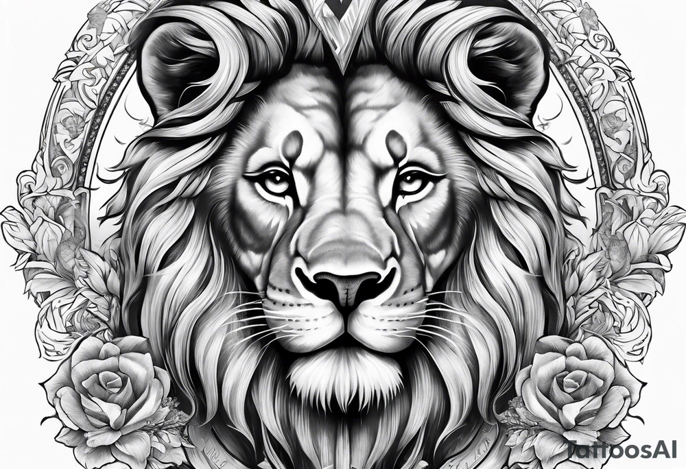 Full sleeve with Lion, cross, praying hands and angels. Incorporate the names Scarlett and Faith in the design tattoo idea