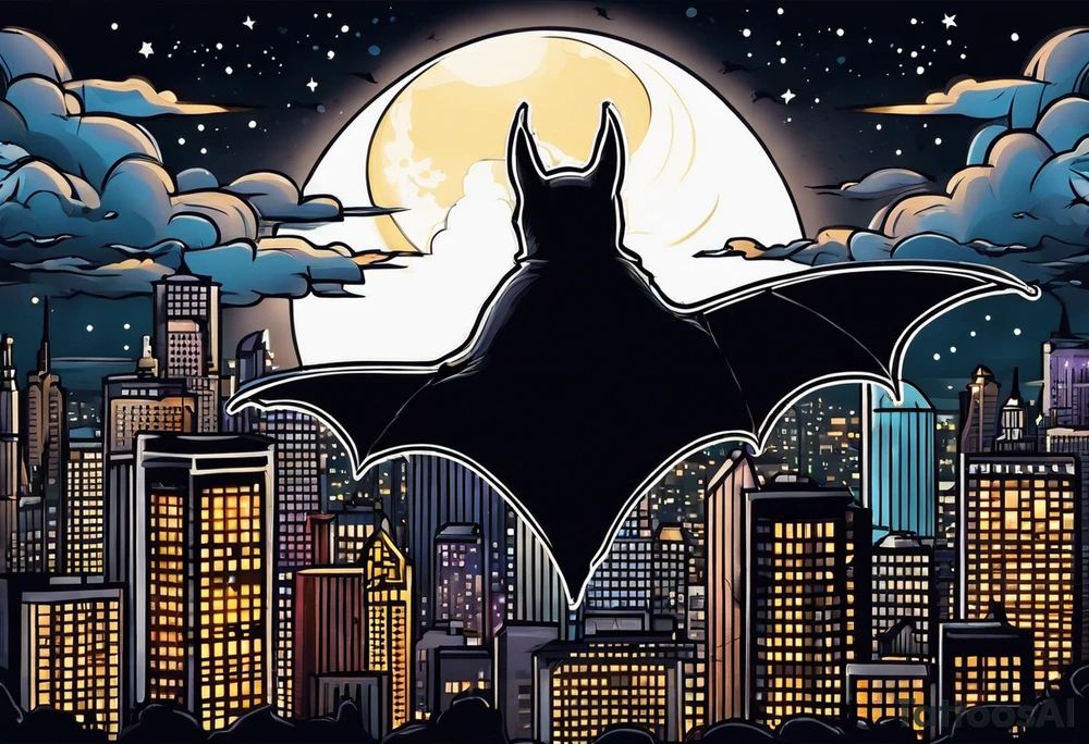 bat signal at night over a cityscape tattoo idea