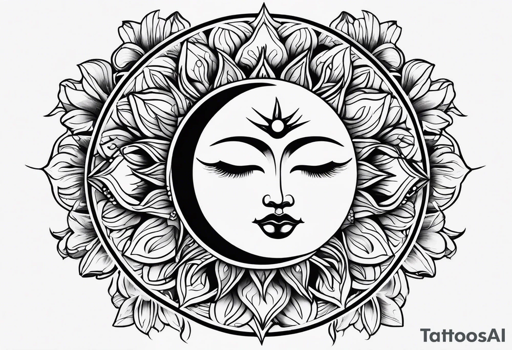 sun moon floral tattoo idea