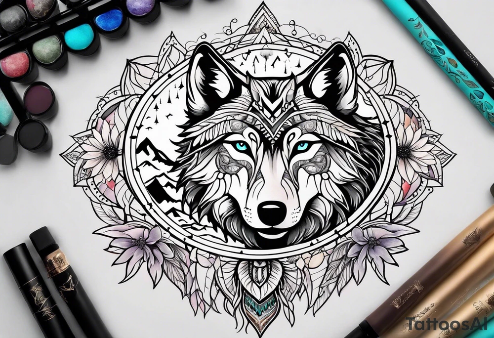 A whimsical wolf tattoo featuring mandala or dream catcher elements, with the wolf as the central focus. Show the wolves whole body standing surrounded by mountains in the background. Include flowers and nature elements to fill the space around the wolf. Some color but not completely solid bold color tattoo idea