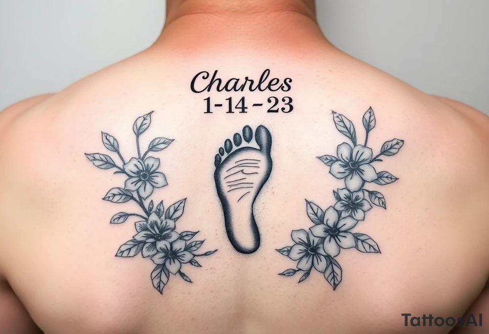 Baby footprint with the name Charles above it and the date 1- 14-23 below it surrounded by floral Vines tattoo idea