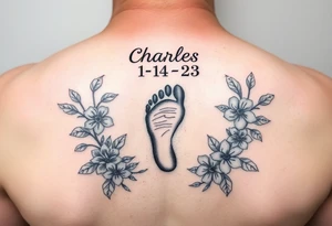 Baby footprint with the name Charles above it and the date 1- 14-23 below it surrounded by floral Vines tattoo idea