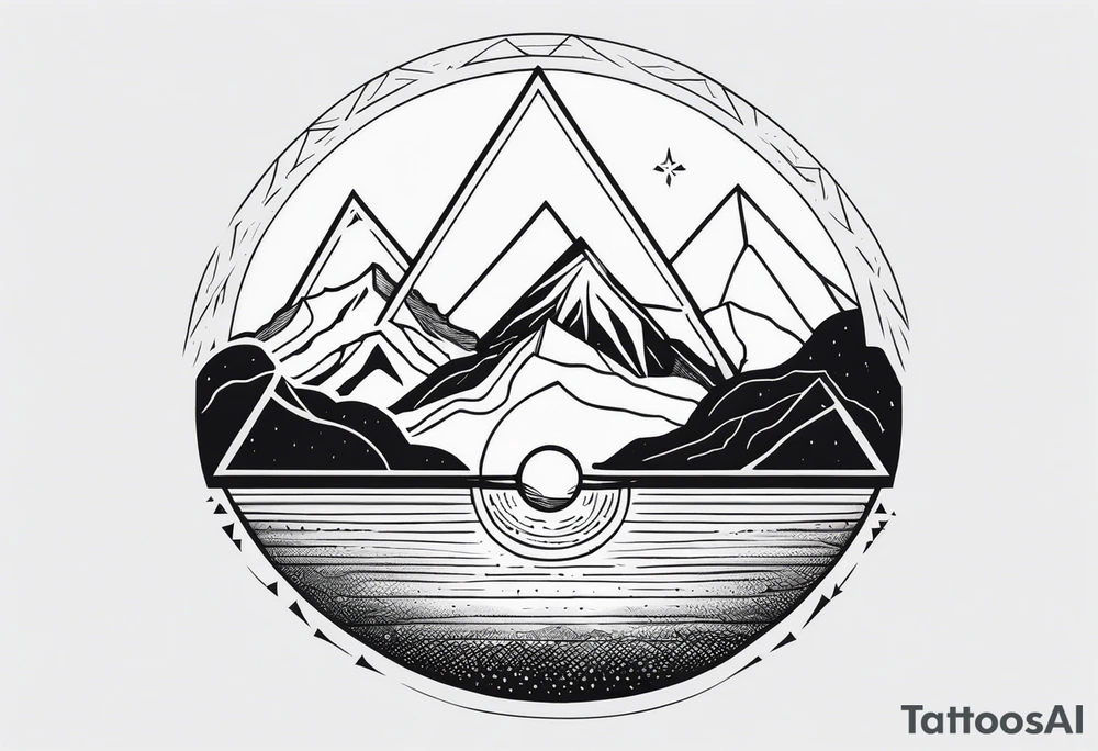 A simple tattoo with mountains and sun in fine line triangles with quote Memento Vivere tattoo idea