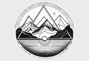 A simple tattoo with mountains and sun in fine line triangles with quote Memento Vivere tattoo idea