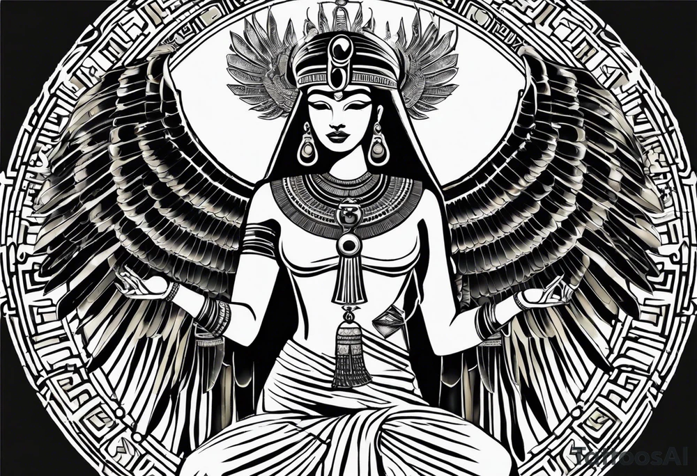 blank and white Egyptian goddess Isis, who is often depicted as a woman with outstretched wings, holding an ankh (a symbol of life) in one hand and a lotus flower in the other. Her headdress often includes a throne or a solar disk. The tattoo design can vary in style and size, but it typically aims to capture the essence of this revered Egyptian deity, emphasizing her beauty, power, and maternal qualities. The choice of colors and additional elements can also be customized to create a unique and visually striking representation of the goddess Isis tattoo idea