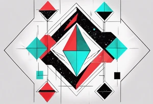 Geometric ethereum space single image, abstract art, red and cyan, pigment acquarel color tattoo idea