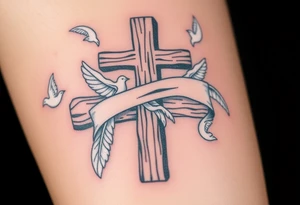 A rustic wooden cross wrapped in a flowing white ribbon, with white dove feathers scattered around. tattoo idea