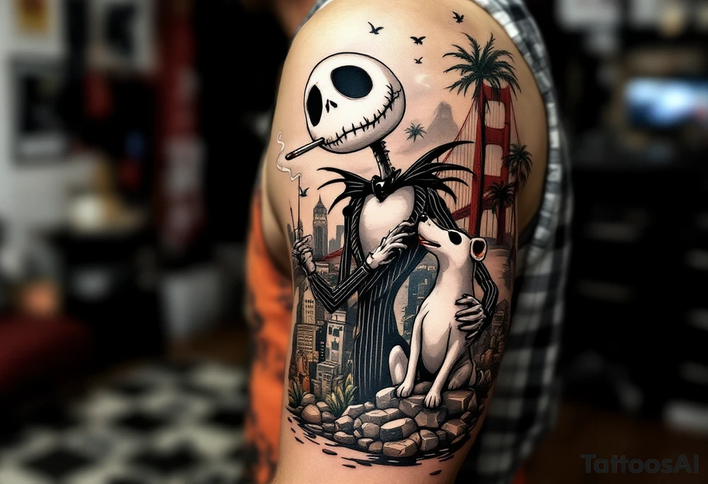 jack skellington with dog,smoking a blunt and fishing,surrounded by city buildings,golden gate bridge, birds, palm trees, tattoo idea