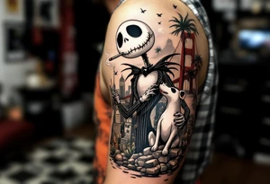 jack skellington with dog,smoking a blunt and fishing,surrounded by city buildings,golden gate bridge, birds, palm trees, tattoo idea