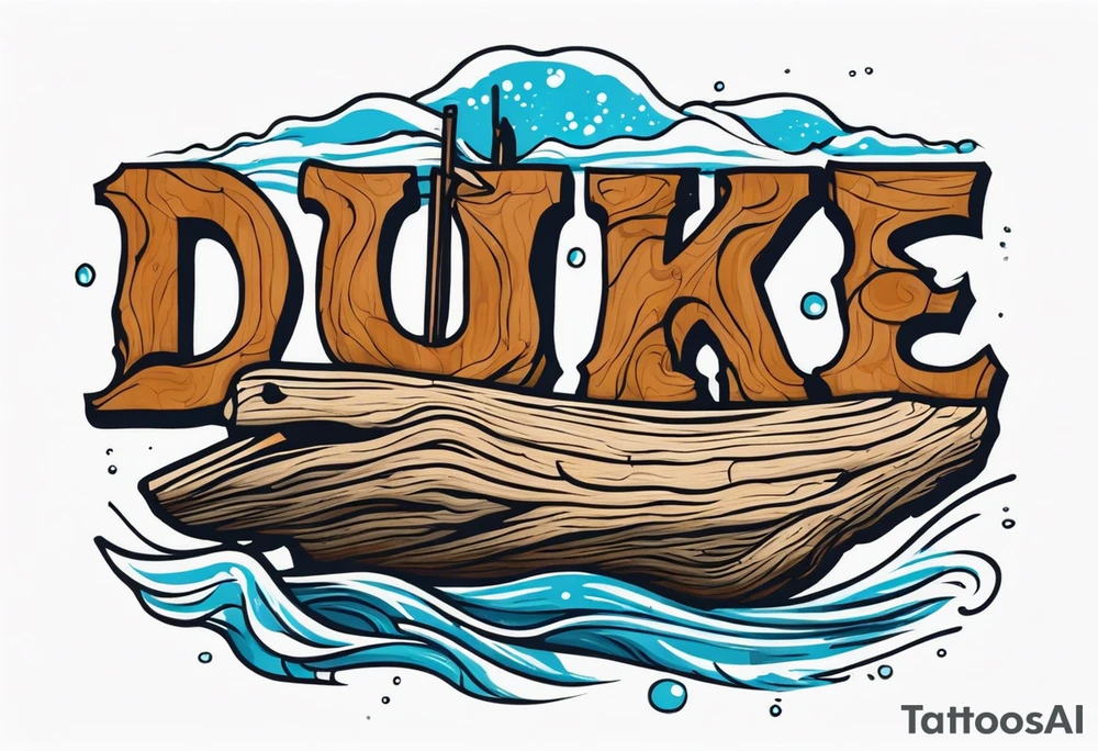 piece of driftwood underwater with the word duke written in the wood tattoo idea