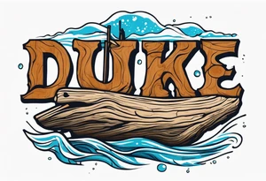 piece of driftwood underwater with the word duke written in the wood tattoo idea