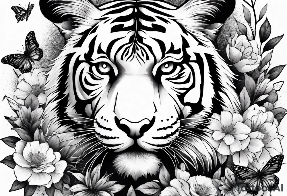 tiger, 3 buterflies, flowers tattoo idea