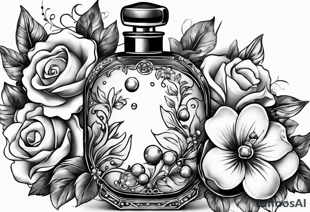 Pearl necklace wrapped around 1950s perfume bottle with flowers and bows surrounding tattoo idea