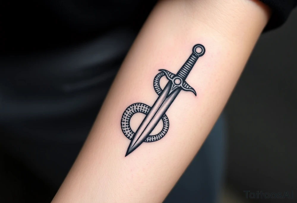 mystical snake coiled around an ancient dagger with jeweled hilt tattoo idea