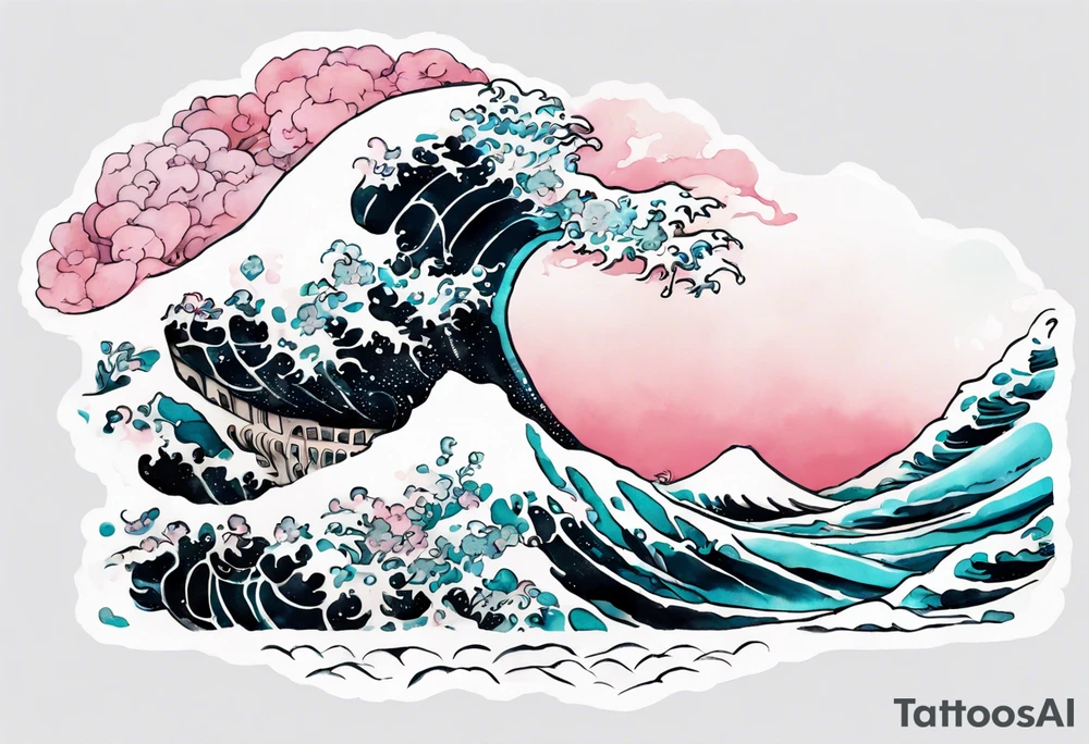 a turquoise and white and pink pretty Umibōzu rising from the blue waves of the ocean tattoo idea