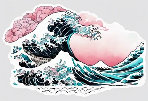 a turquoise and white and pink pretty Umibōzu rising from the blue waves of the ocean tattoo idea