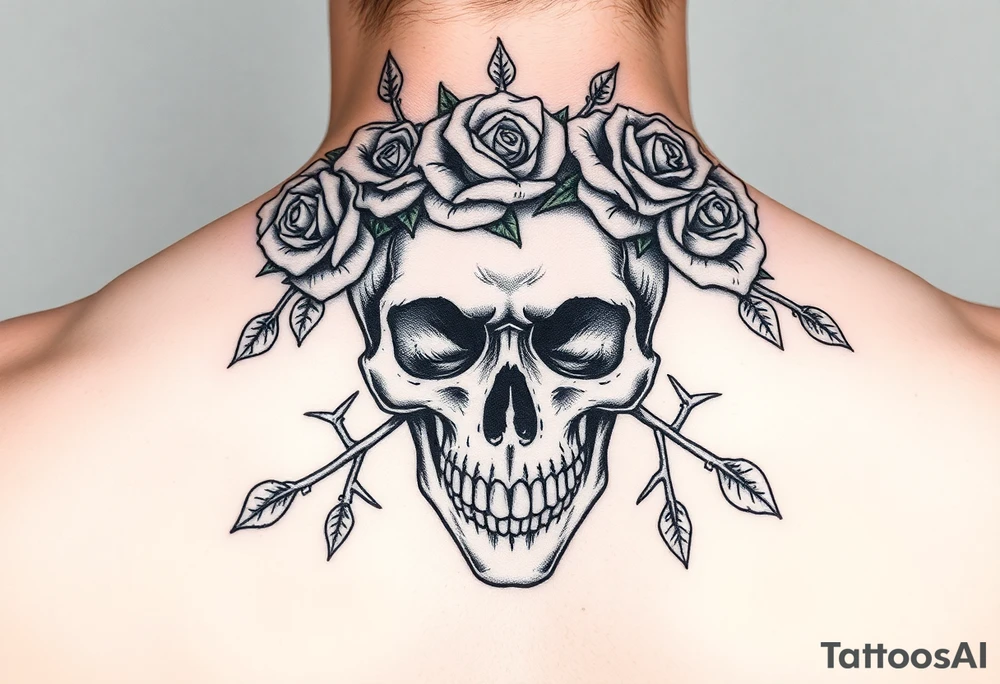 ornate skull adorned with crown of wild roses and thorns tattoo idea