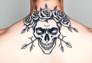 ornate skull adorned with crown of wild roses and thorns tattoo idea