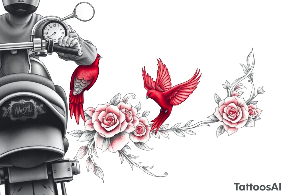 Motorcycle driving away, two red birds flying, roses and lace, flames tattoo idea