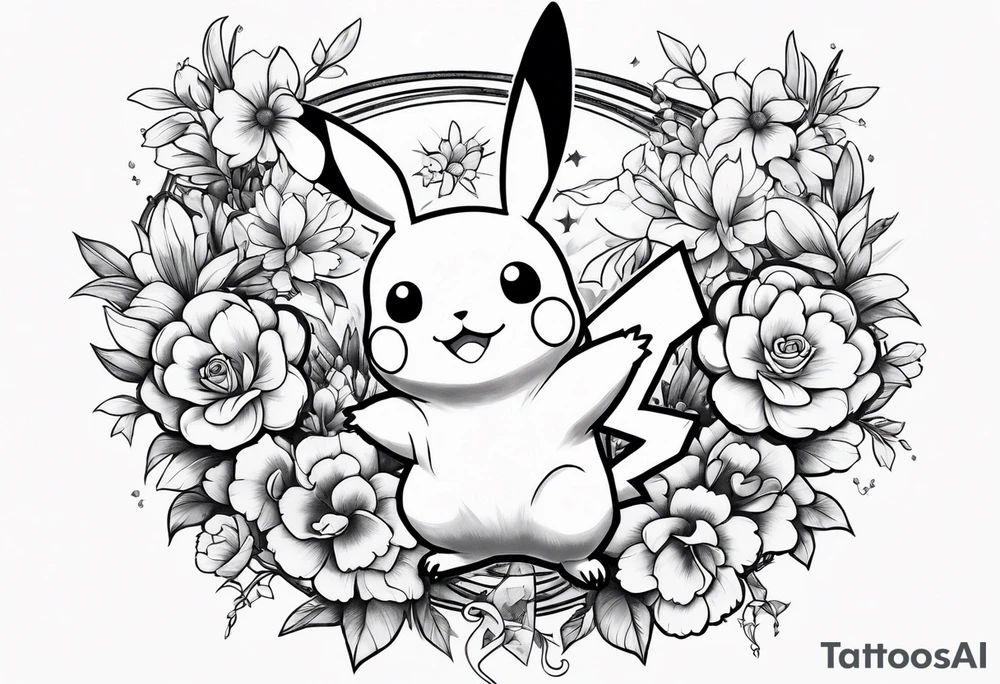 Pikachu Holding bouquet of flowers in front of him tattoo idea