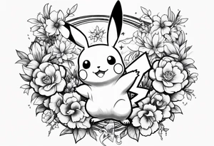 Pikachu Holding bouquet of flowers in front of him tattoo idea