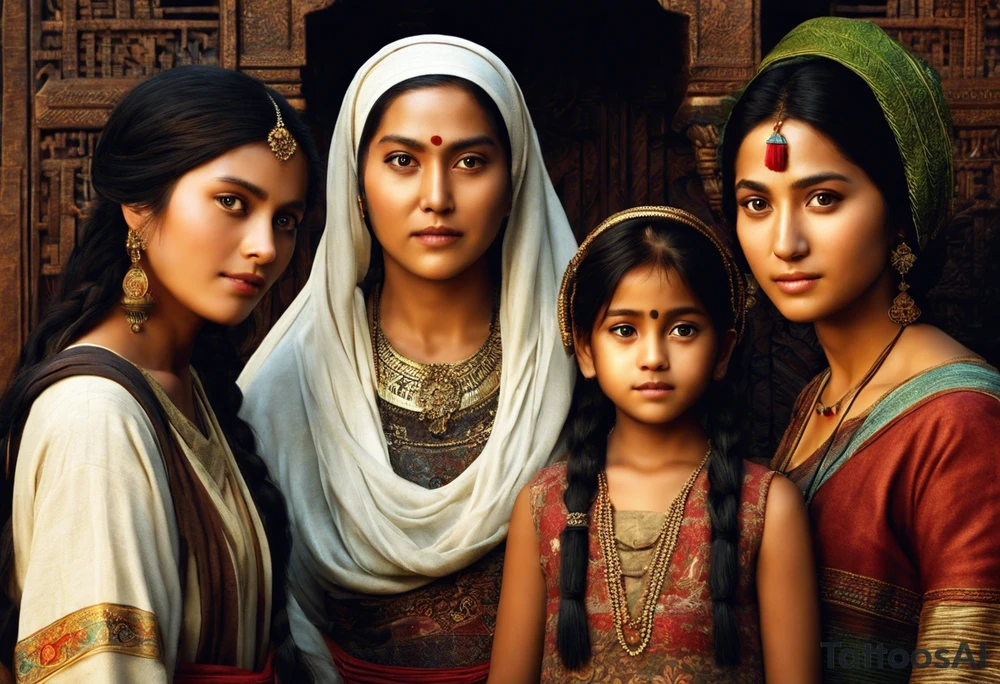 3 female people standing next to each other. The one on the left is a young girl, the one in the middle is a mature woman, the one on the right is a very old woman. They are looking forward.
There are 3 weavers. They symbolize the moirs, old goddesses of destiny. tattoo idea